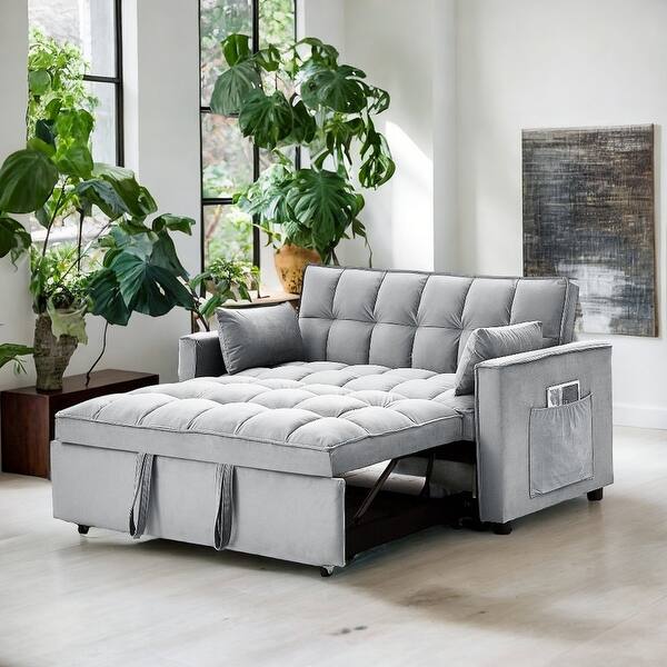 55" Modern Sleeper Sofa Couch Pull Out Bed with Pillows & Side Pockets